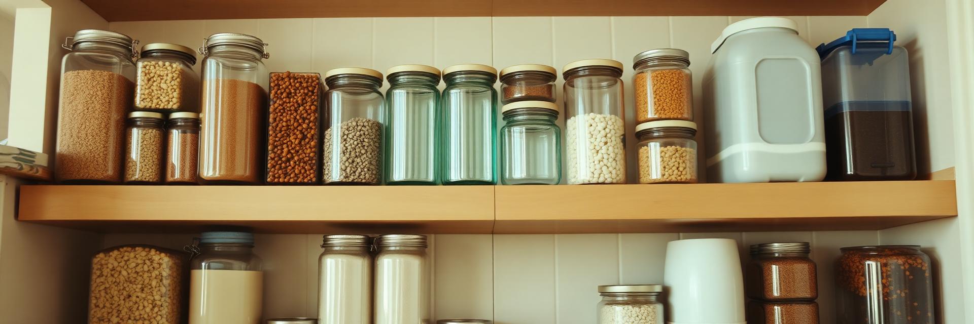 Organized pantry stockpile with jars and water containers